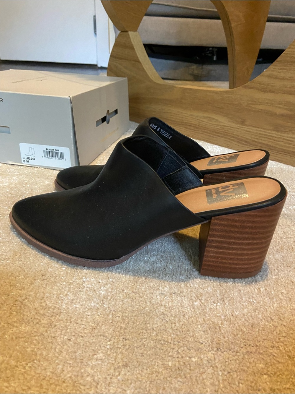 DV by Dolce Vita Black Leather Slip-On Mules with Stacked Wood Heel